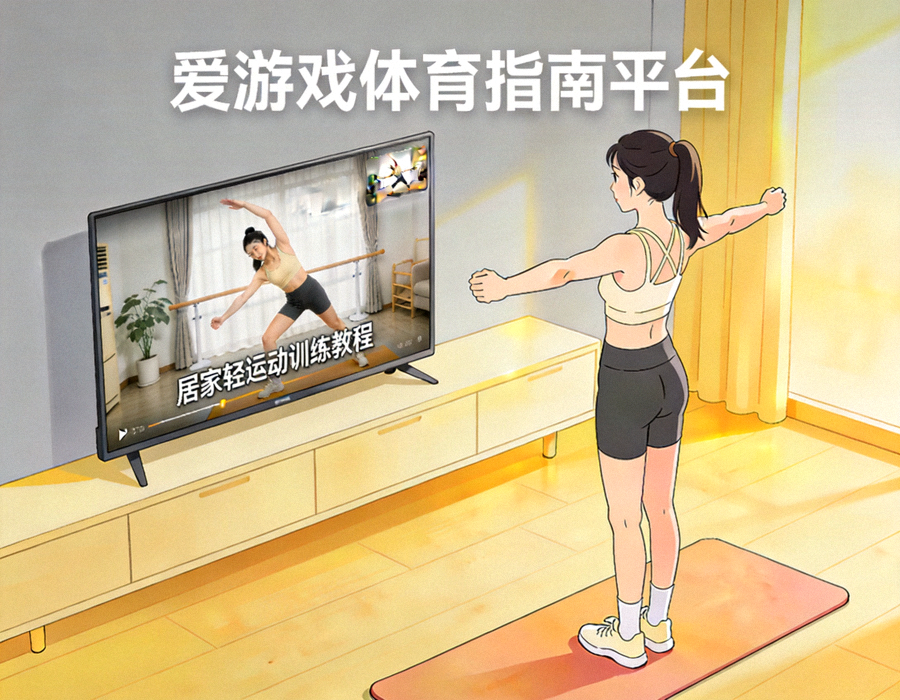 运动者在室内跟随视频完成居家轻运动训练动作 - 爱游戏体育指南平台教程场景