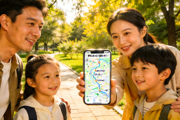 一家人在公园查看徒步路线 - 手机地图显示详细路径