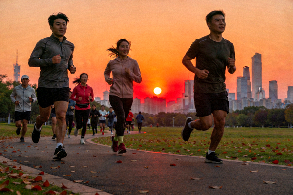 傍晚时分在公园慢跑的人群，背景是城市天际线与夕阳