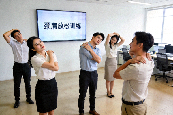 上班族在办公室空地上跟随屏幕进行颈肩放松训练