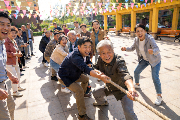 社区居民在广场上参加趣味拔河比赛，邻里气氛热烈