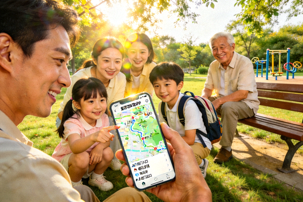 一家人在公园使用爱游戏体育APP规划徒步路线 - 手机地图显示详细路径