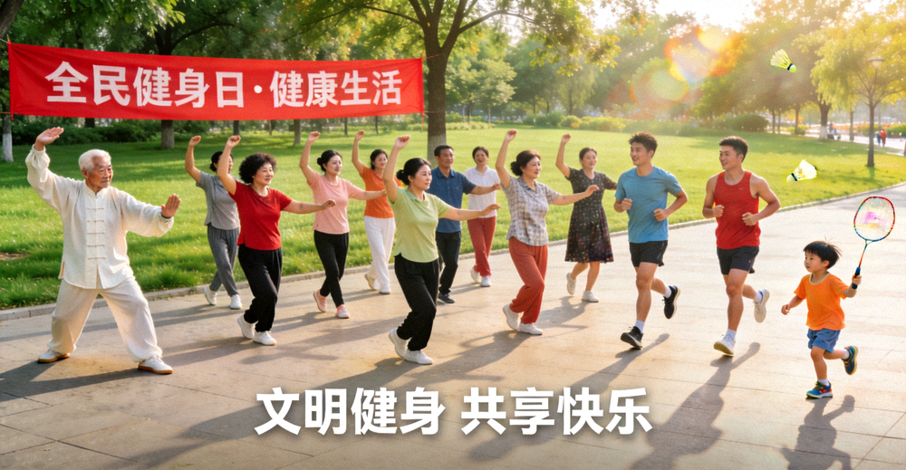 城市公园内市民集体参加全民健身休闲运动活动场景