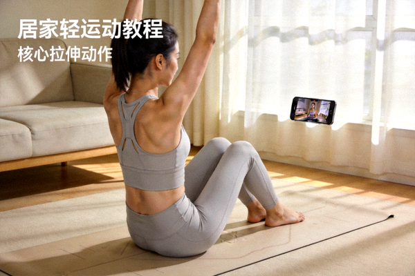 居家轻运动教程 - 女性在客厅瑜伽垫上跟随视频完成核心拉伸动作